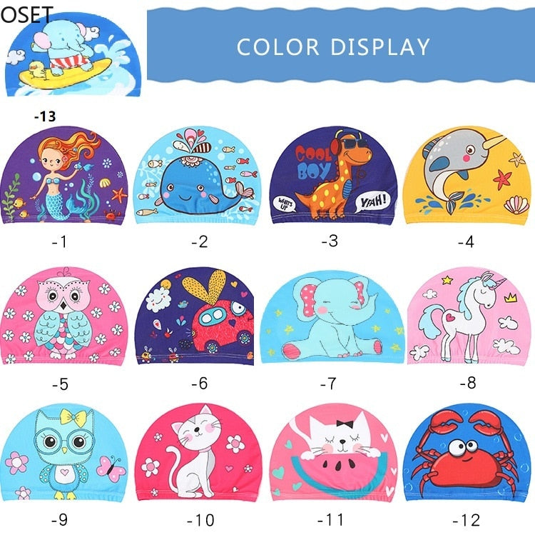 Swimming Cap for Children Elastic Fabric Cute Cartoon for Long Hair Lovely Kids Protect Ears Swim Pool Hat for Boys Girls Swim - ArtificialBeast