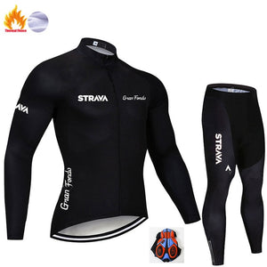 STRAVA Pro Team Winter Thermal Fleece Cycling Clothes Men Long Sleeve Jersey Suit Outdoor Riding Bike MTB Clothing Bib Pants Set - ArtificialBeast