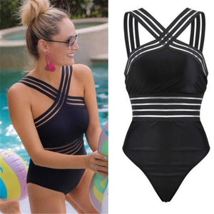 2019 Sexy One Piece Swimsuit Women High Neck Bandage Cross Back Neck Monokini Black Swimwear Women Bathing Suits Swimming Suit - ArtificialBeast