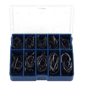 Durable 1 Set 100 Pcs 10 Sizes Black Silver Fly Fishing Hook With Hole Carp Fishing Gear Hooks Tackle Carry Box - ArtificialBeast