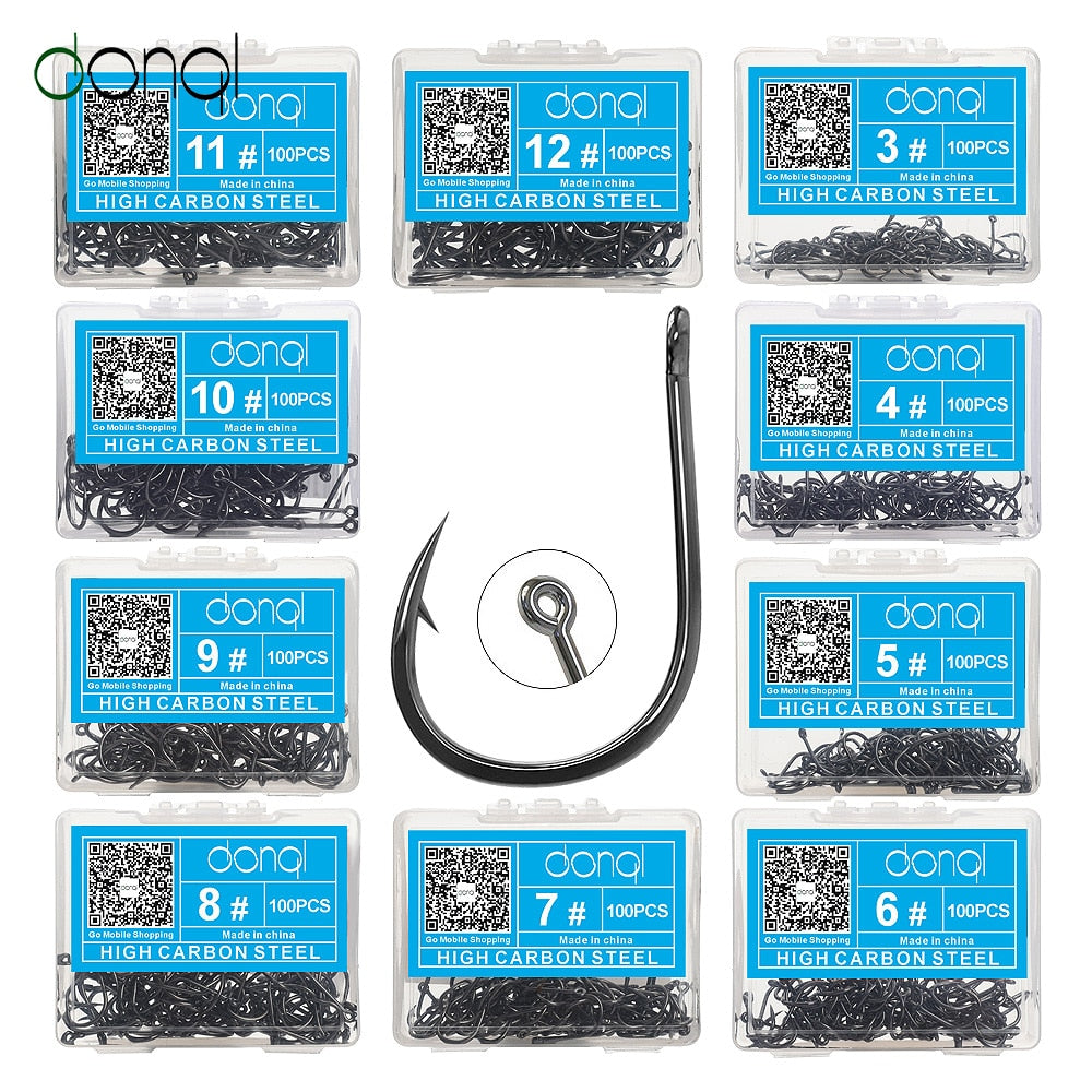 DONQL 100pcs Fishing Hooks Set Carbon Steel Single Circle Fishhook Fly Fishing Jip Barbed Carp Hooks Sea Tackle Accessories - ArtificialBeast