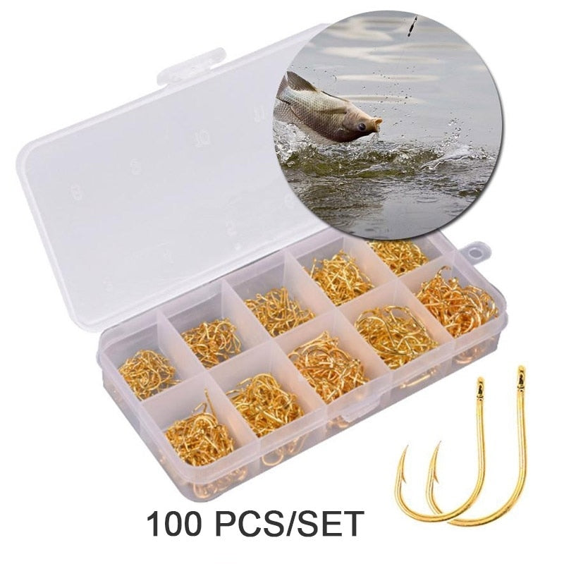 100Pcs/Box High Carbon Steel Gold/Silver Carp Fishing Bait 10 Mixed Sizes 3#-12#  Sharpened Ultrapoint Fishing Hook Set - ArtificialBeast