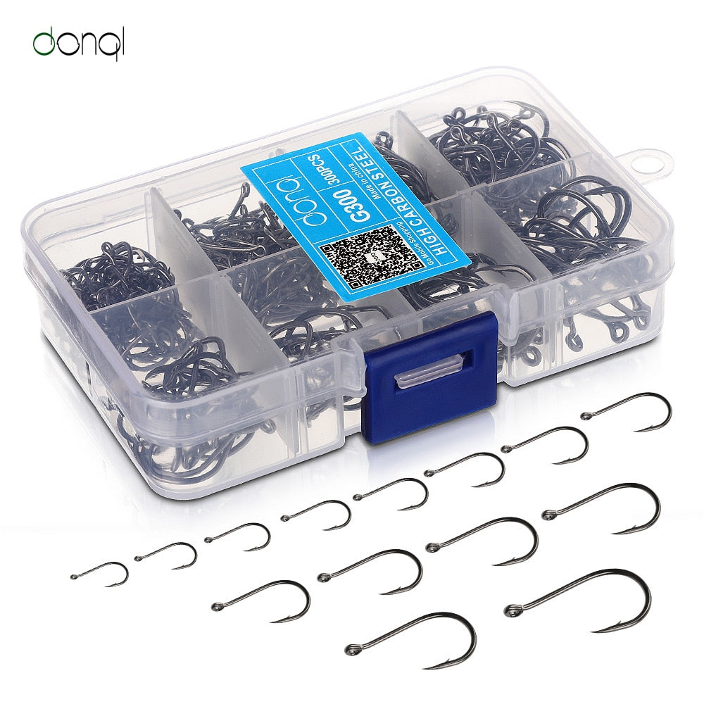 DONQL 300pcs/Box High Carbon Steel Fishing hooks Mixed Size Barbed jig hook Carp Fishing Jig Head for Fly fishing Accessories - ArtificialBeast